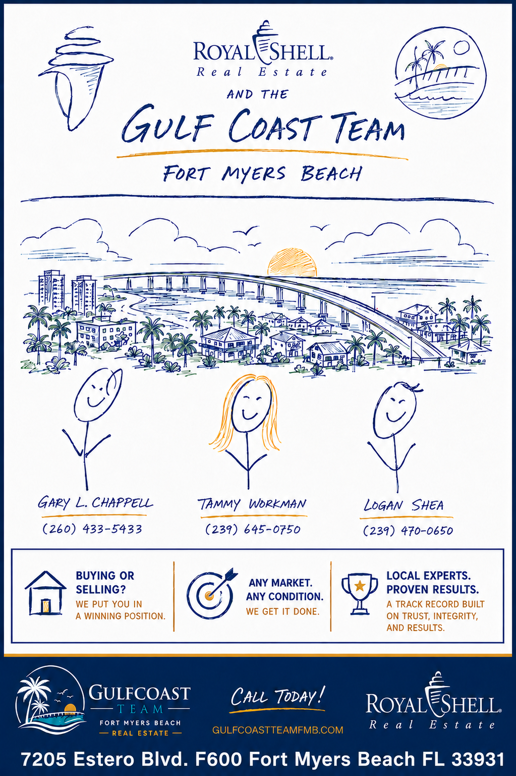 Gulf Coast Team — Royal Shell Real Estate, Fort Myers Beach flyer featuring Gary L. Chappell, Tammy Workman, and Logan Shea